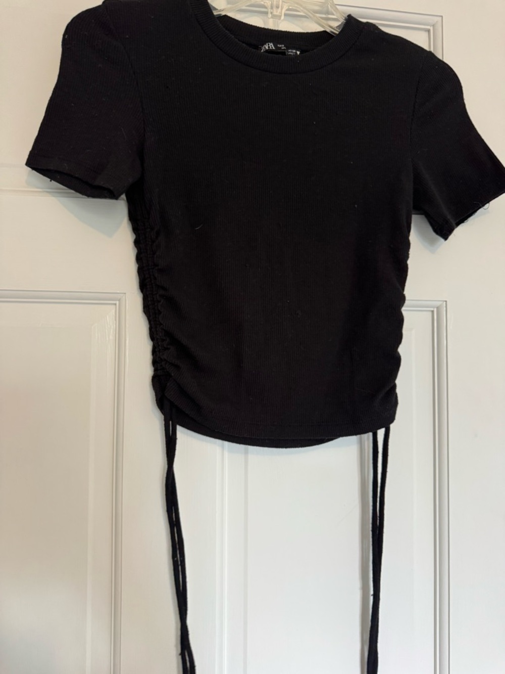 Zara Black Ribbed Side-Tie Crop Tee